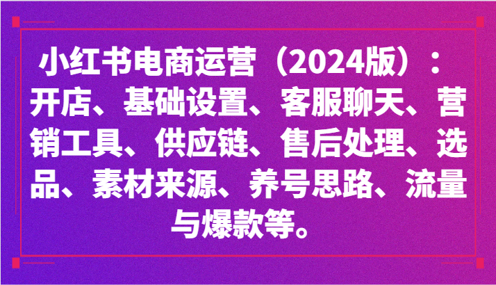 小红书电商运营（2024版）：开店、设置、供应链、选品、素材、养号、流量与爆款等-云动网创-专注网络创业项目推广与实战，致力于打造一个高质量的网络创业搞钱圈子。