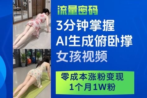 3分钟掌握AI生成俯卧撑女孩视频，零成本涨粉变现，1个月1W粉-云动网创-专注网络创业项目推广与实战，致力于打造一个高质量的网络创业搞钱圈子。