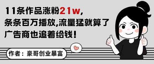 11条作品涨粉21W，条条百W播放，流量猛就算了，广告商也追着给钱-云动网创-专注网络创业项目推广与实战，致力于打造一个高质量的网络创业搞钱圈子。