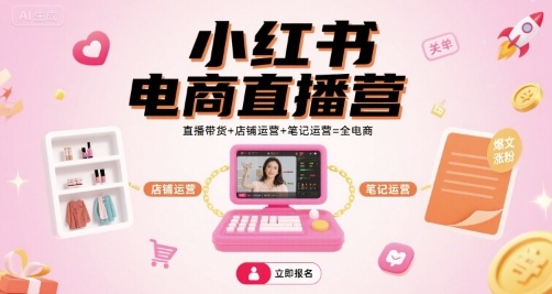 小红书电商直播营，直播带货+店铺运营+笔记运营=全电商-云动网创-专注网络创业项目推广与实战，致力于打造一个高质量的网络创业搞钱圈子。