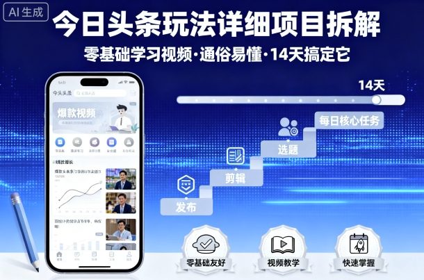 今日头条玩法详细项目拆解，零基础学习视频 通俗易懂 14天搞定它-云动网创-专注网络创业项目推广与实战，致力于打造一个高质量的网络创业搞钱圈子。