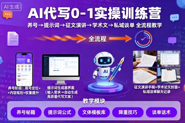 AI代写0-1实操训练营，从养号、提示词、征文演讲、学术文，到私域谈单的全流程教学-云动网创-专注网络创业项目推广与实战，致力于打造一个高质量的网络创业搞钱圈子。