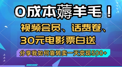 0成本薅羊毛!视频会员、话费卷、30元电影票白送，分享我如何靠转卖一天变现5张+【揭秘】-云动网创-专注网络创业项目推广与实战，致力于打造一个高质量的网络创业搞钱圈子。