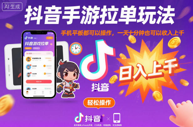 抖音手游拉单玩法，手机平板都可以操作，一天十分钟也可以收入上K【揭秘】-云动网创-专注网络创业项目推广与实战，致力于打造一个高质量的网络创业搞钱圈子。