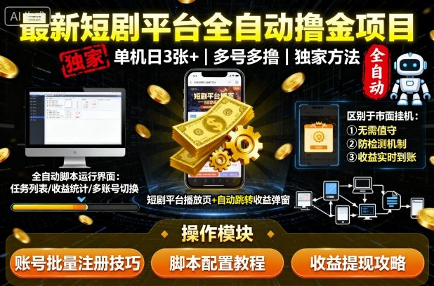 最新短剧平台全自动挂G撸金项目，单机一天3张+，多号多撸，区别于市面所有挂机项目，独家方法【揭秘】-云动网创-专注网络创业项目推广与实战，致力于打造一个高质量的网络创业搞钱圈子。