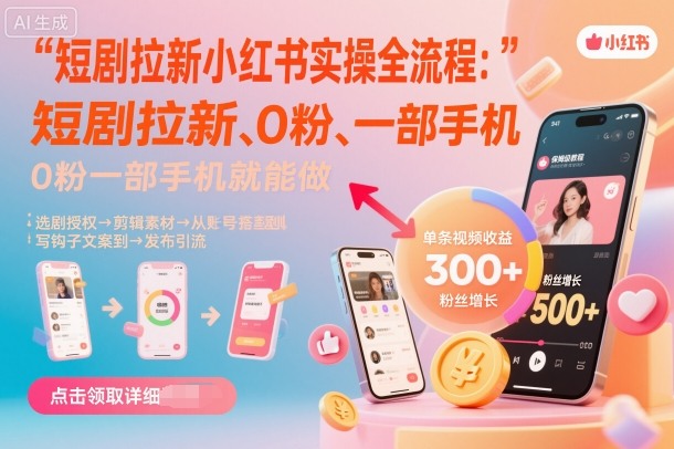 短剧拉新小红书实操全流程，0粉一部手机就可以做，详细教程-云动网创-专注网络创业项目推广与实战，致力于打造一个高质量的网络创业搞钱圈子。