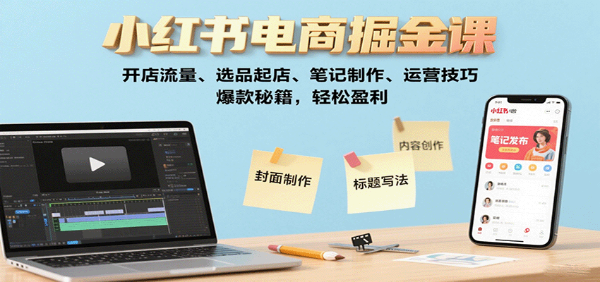 小红书电商掘金课：开店流量、选品起店、笔记制作、运营技巧，爆款秘籍，轻松盈利-云动网创-专注网络创业项目推广与实战，致力于打造一个高质量的网络创业搞钱圈子。