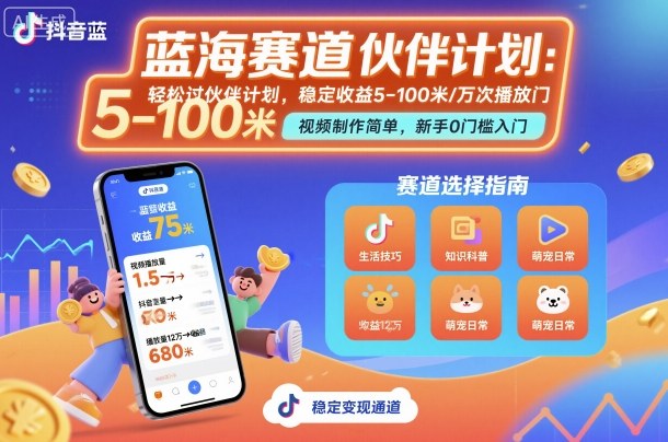 抖音蓝海赛道，轻松过伙伴计划，视频制作简单，万次播放收益在5-100米，稳定收益-云动网创-专注网络创业项目推广与实战，致力于打造一个高质量的网络创业搞钱圈子。
