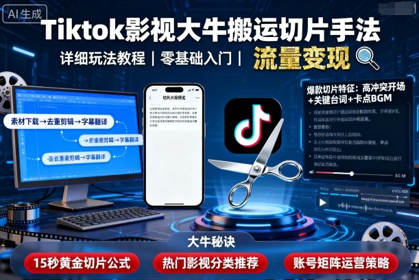 Tiktok影视大牛搬运切片手法，详细玩法教程-云动网创-专注网络创业项目推广与实战，致力于打造一个高质量的网络创业搞钱圈子。