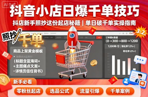 抖音小店日爆千单技巧，抖店新手照抄这份起店秘籍，单日破千单-云动网创-专注网络创业项目推广与实战，致力于打造一个高质量的网络创业搞钱圈子。