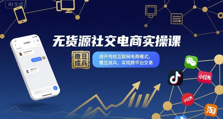无货源社交电商实操课，绕开传统互联网电商模式，撒豆成兵，实现跨平台交易-云动网创-专注网络创业项目推广与实战，致力于打造一个高质量的网络创业搞钱圈子。