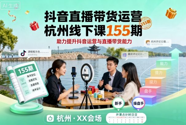 抖音直播带货运营杭州线下课155期，助力提升抖音运营与直播带货能力-云动网创-专注网络创业项目推广与实战，致力于打造一个高质量的网络创业搞钱圈子。