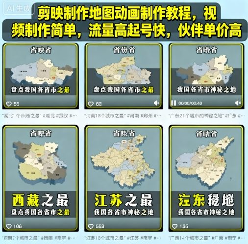 剪映制作地图动画制作教程，视频制作简单，流量高起号快，伙伴单价高-云动网创-专注网络创业项目推广与实战，致力于打造一个高质量的网络创业搞钱圈子。