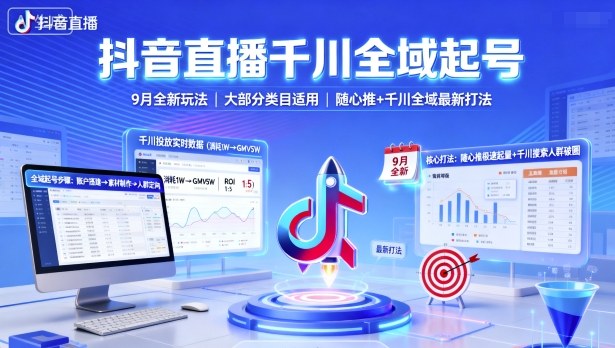 抖音直播千川全域起号，9月全新玩法，大部分类目适用，随心推以及千川全域最新打法-云动网创-专注网络创业项目推广与实战，致力于打造一个高质量的网络创业搞钱圈子。