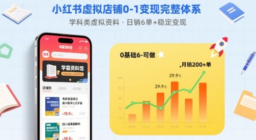 小红书虚拟店铺0-1变现完整体系：卖学科类虚拟资料，一天6张+，很稳定【已完结】-云动网创-专注网络创业项目推广与实战，致力于打造一个高质量的网络创业搞钱圈子。