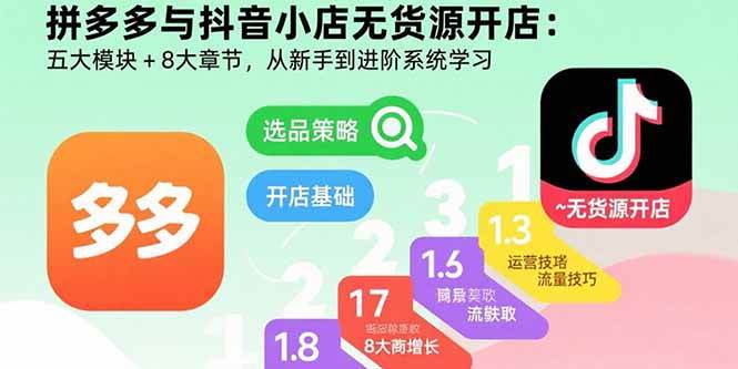 （15805期）拼多多与抖音小店无货源开店：五大模块+8大章节，从新手到进阶系统学习-云动网创-专注网络创业项目推广与实战，致力于打造一个高质量的网络创业搞钱圈子。