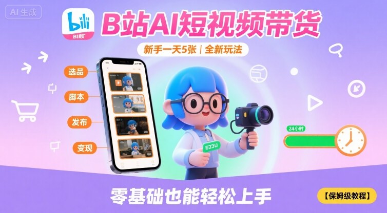 B站AI短视频带货，新手一天5张，全新玩法【保姆级教程】-云动网创-专注网络创业项目推广与实战，致力于打造一个高质量的网络创业搞钱圈子。