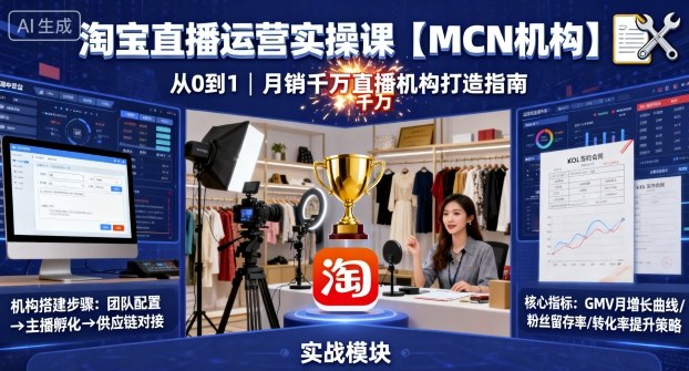 淘宝直播运营实操课【MCN机构】，从0到1做一家月销千W的直播机构-云动网创-专注网络创业项目推广与实战，致力于打造一个高质量的网络创业搞钱圈子。