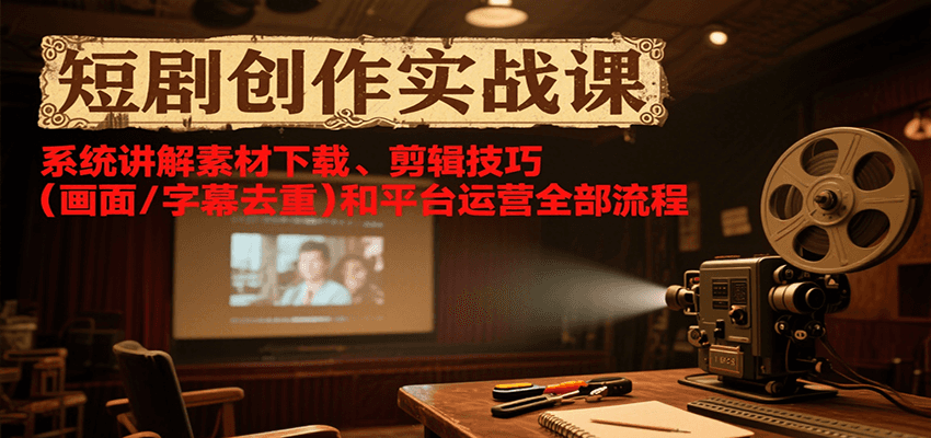 短剧创作实战课，系统讲解素材下载、剪辑技巧(画面/字幕去重)和平台运营全部流程-云动网创-专注网络创业项目推广与实战，致力于打造一个高质量的网络创业搞钱圈子。