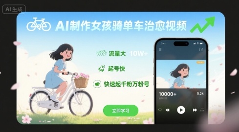 AI制作女孩骑单车治愈视频，流量大，起号快，快速起千粉万粉号-云动网创-专注网络创业项目推广与实战，致力于打造一个高质量的网络创业搞钱圈子。