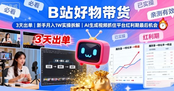 B站好物带货，3天出单，新手月入1W实操拆解，AI生成视频，抓住平台红利期最后机会-云动网创-专注网络创业项目推广与实战，致力于打造一个高质量的网络创业搞钱圈子。