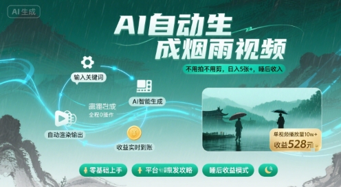 不用拍不用剪！AI自动生成烟雨视频，日入5张+，睡后收入-云动网创-专注网络创业项目推广与实战，致力于打造一个高质量的网络创业搞钱圈子。