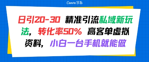 日引 20-30 精准引流私域新玩法，转化率50% 高客单虚拟资料，小白一台手机就能做-云动网创-专注网络创业项目推广与实战，致力于打造一个高质量的网络创业搞钱圈子。