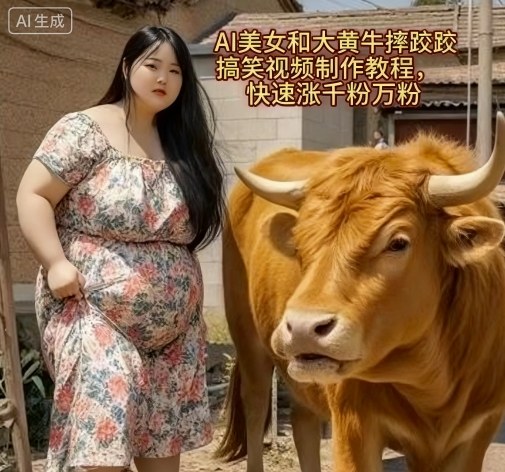 AI美女和大黄牛摔跤搞笑荒诞视频制作教程，快速涨千粉万粉-云动网创-专注网络创业项目推广与实战，致力于打造一个高质量的网络创业搞钱圈子。