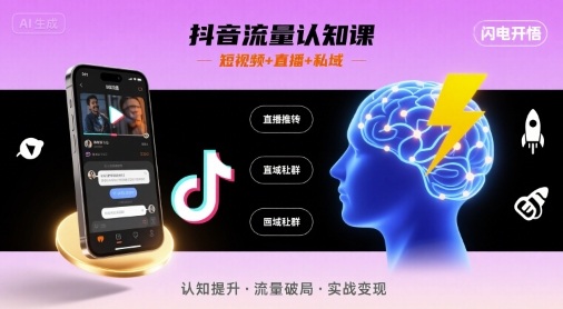 抖音流量认知课，短视频+直播+私域，认知提升，闪电开悟-云动网创-专注网络创业项目推广与实战，致力于打造一个高质量的网络创业搞钱圈子。