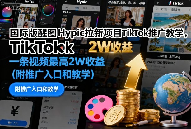 国际版醒图Hypic拉新项目TikTok推广教学，一条视频最高2W收益（附推广入口和教学）-云动网创-专注网络创业项目推广与实战，致力于打造一个高质量的网络创业搞钱圈子。