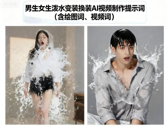 男生女生泼水变装换装AI视频制作提示词(含绘图词、视频词)-云动网创-专注网络创业项目推广与实战，致力于打造一个高质量的网络创业搞钱圈子。