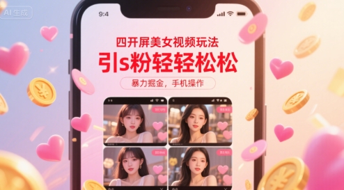 四开屏美女视频玩法，引s粉轻轻松松，暴力掘金，手机操作【揭秘】-云动网创-专注网络创业项目推广与实战，致力于打造一个高质量的网络创业搞钱圈子。
