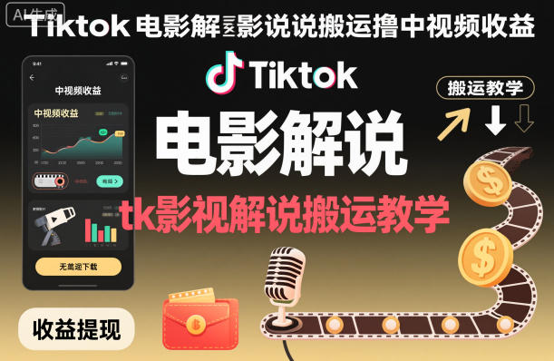 Tiktok电影解说搬运撸中视频收益，tk影视解说搬运教学-云动网创-专注网络创业项目推广与实战，致力于打造一个高质量的网络创业搞钱圈子。